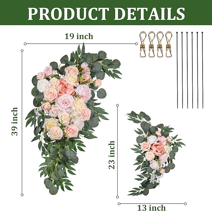 LYLYFAN Wedding Arch Flowers Kit 2pcs Artificial Floral Swag Arrangement with 1pcs Drape for Wedding Ceremony Arbor Backdrop Decoration