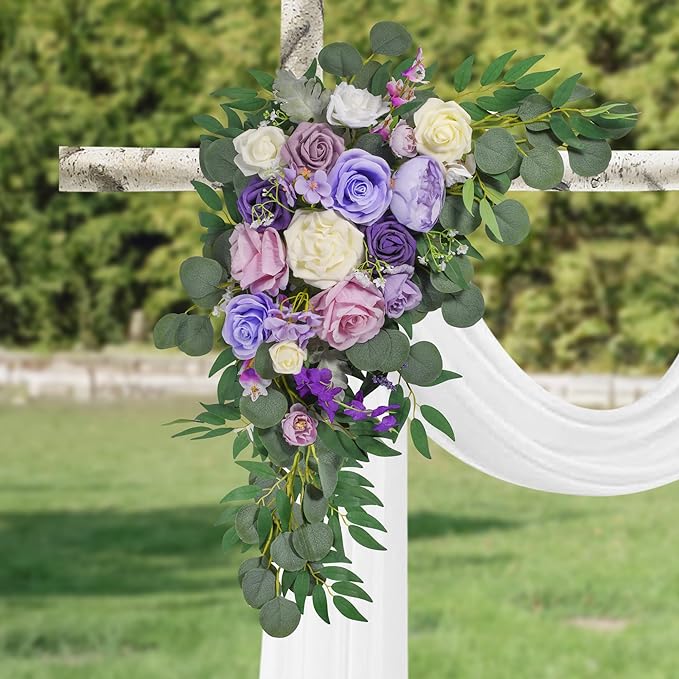 LYLYFAN Wedding Arch Flowers Kit 2pcs Artificial Floral Swag Arrangement with 1pcs Drape for Wedding Ceremony Arbor Backdrop Decoration