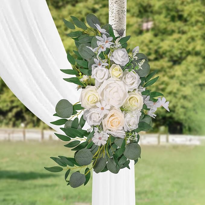 LYLYFAN Wedding Arch Flowers Kit 2pcs Artificial Floral Swag Arrangement with 1pcs Drape for Wedding Ceremony Arbor Backdrop Decoration