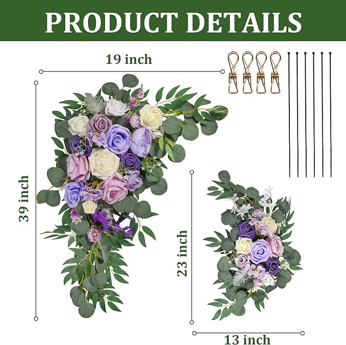 LYLYFAN Wedding Arch Flowers Kit 2pcs Artificial Floral Swag Arrangement with 1pcs Drape for Wedding Ceremony Arbor Backdrop Decoration