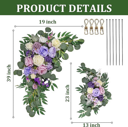 LYLYFAN Wedding Arch Flowers Kit 2pcs Artificial Floral Swag Arrangement with 1pcs Drape for Wedding Ceremony Arbor Backdrop Decoration