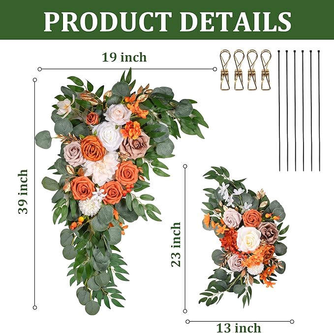 LYLYFAN Wedding Arch Flowers Kit 2pcs Artificial Floral Swag Arrangement with 1pcs Drape for Wedding Ceremony Arbor Backdrop Decoration