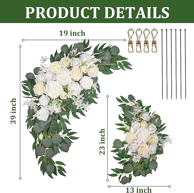 LYLYFAN Wedding Arch Flowers Kit 2pcs Artificial Floral Swag Arrangement with 1pcs Drape for Wedding Ceremony Arbor Backdrop Decoration
