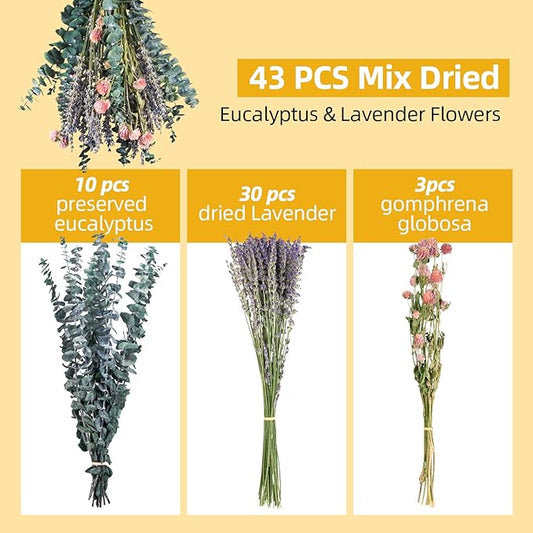 43 Pcs Dried Eucalyptus Stems & Lavender Flowers Bundle for Shower Natural Fresh Eucalyptus Leaves Hanging Eucalyptus Shower Plants for Home and Wedding Decorations