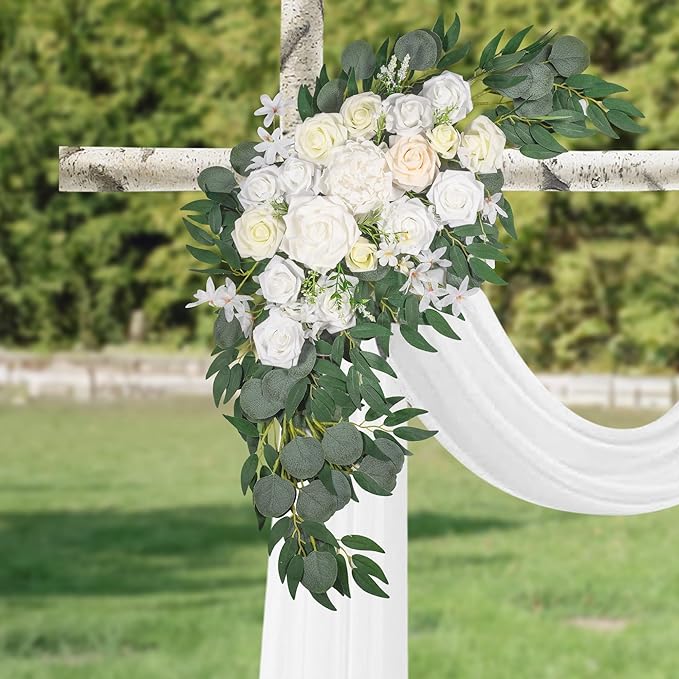 LYLYFAN Wedding Arch Flowers Kit 2pcs Artificial Floral Swag Arrangement with 1pcs Drape for Wedding Ceremony Arbor Backdrop Decoration