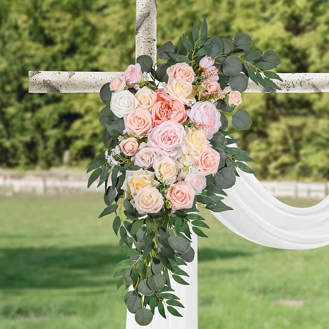 LYLYFAN Wedding Arch Flowers Kit 2pcs Artificial Floral Swag Arrangement with 1pcs Drape for Wedding Ceremony Arbor Backdrop Decoration